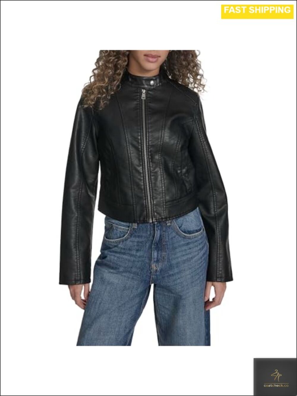 Faux Leather Racer Jacket Stand Collar Zip Front Moto